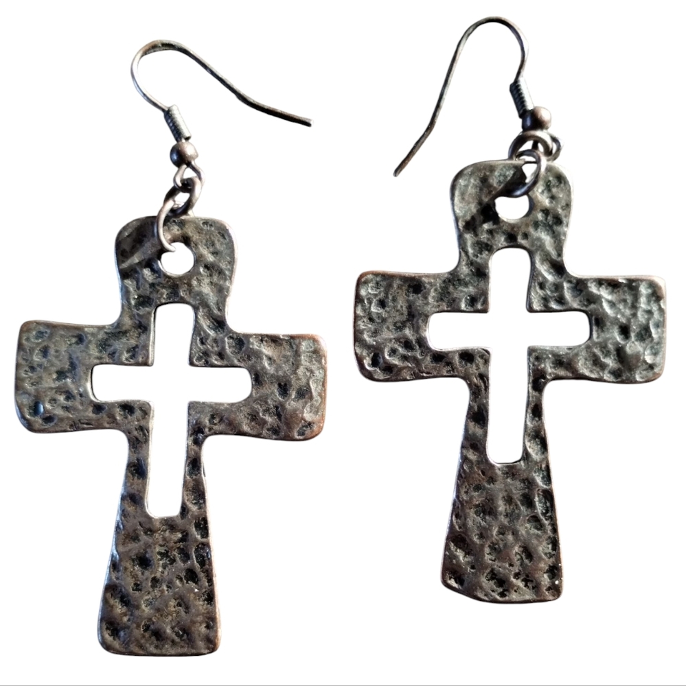 Hammered Silver Cross Earrings - Picture 3 of 4